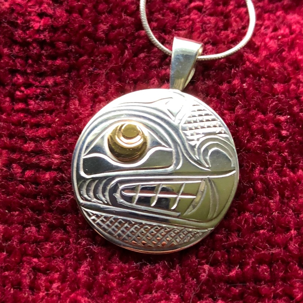 Sterling Silver & 14k Gold Carved WOLF PENDANT